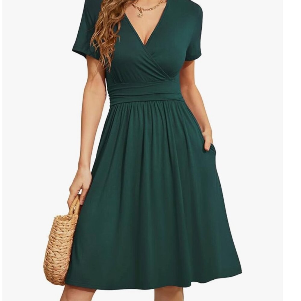 Weaczzy Women's Short Sleeve V-Neck Wrap Dark Green Casual Dress XXL